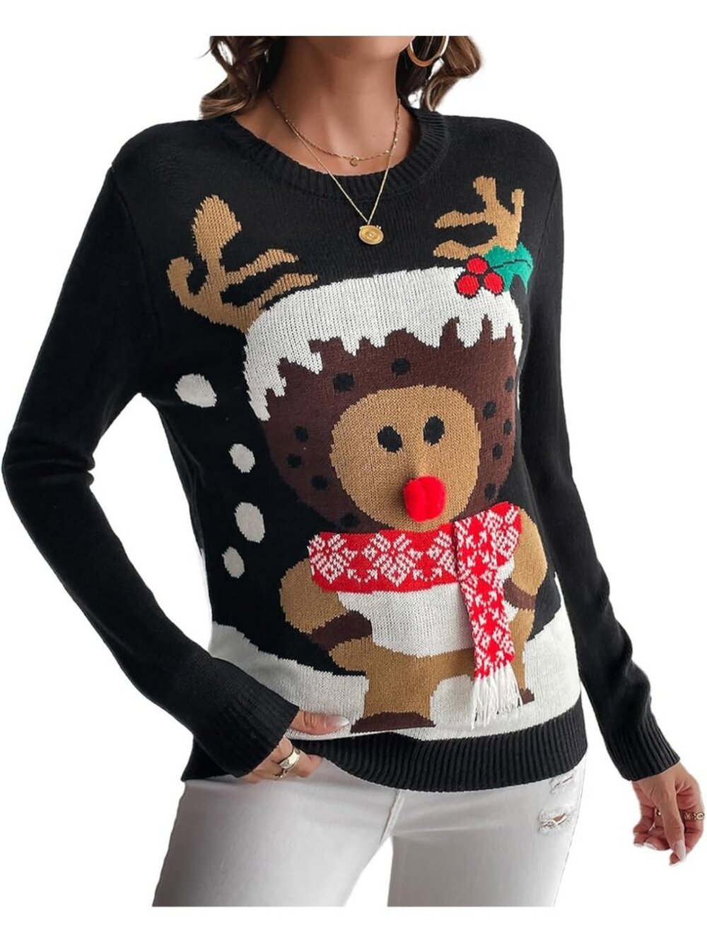 Festive Women's Ugly Christmas Sweater, Novelty Print Crew Neck Pullover Top